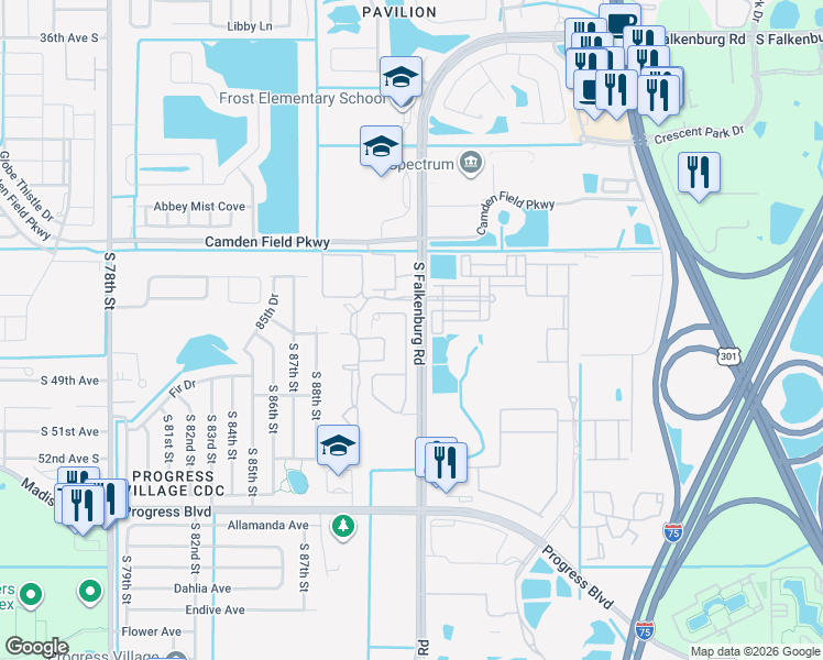 map of restaurants, bars, coffee shops, grocery stores, and more near 4770 White Sanderling Court in Palm River-Clair Mel