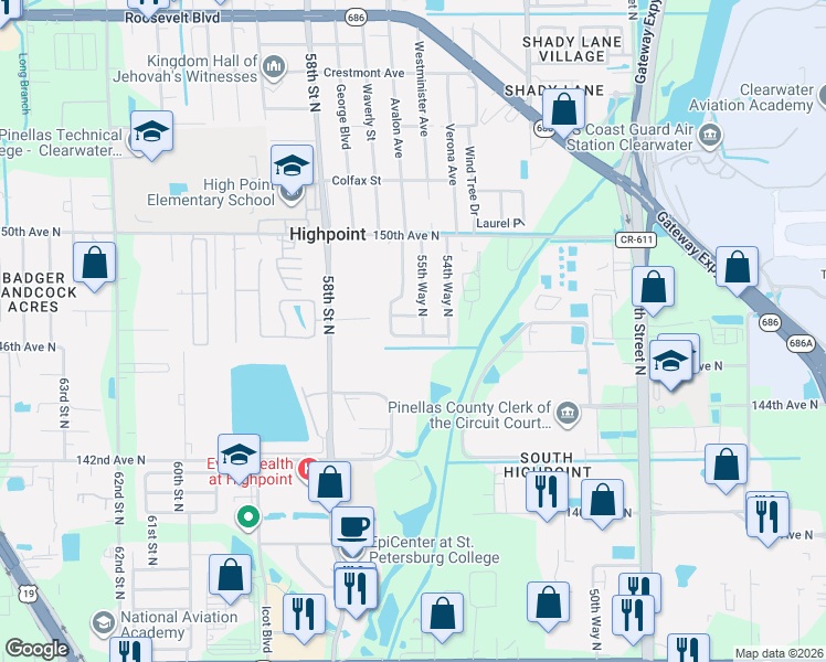 map of restaurants, bars, coffee shops, grocery stores, and more near 5611 147th Avenue North in Clearwater