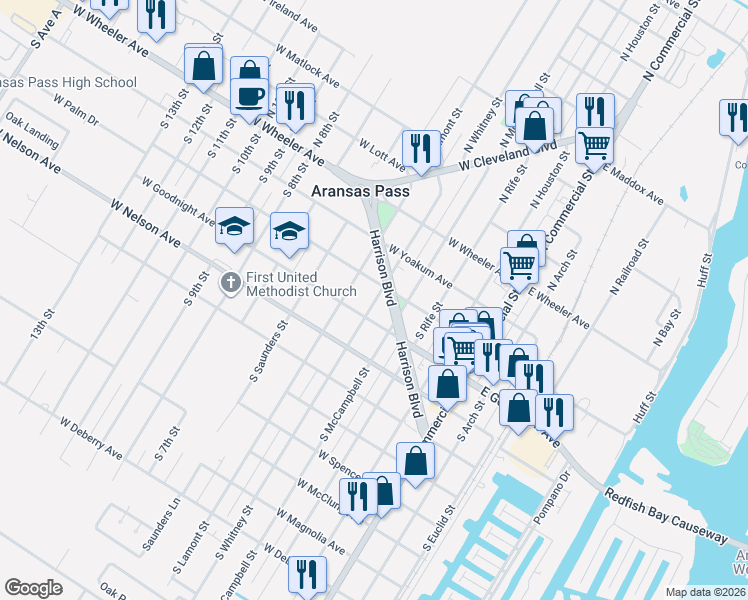 map of restaurants, bars, coffee shops, grocery stores, and more near 313 South Lamont Street in Aransas Pass
