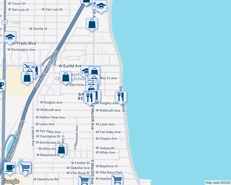 map of restaurants, bars, coffee shops, grocery stores, and more near 4015 Bayshore Boulevard in Tampa