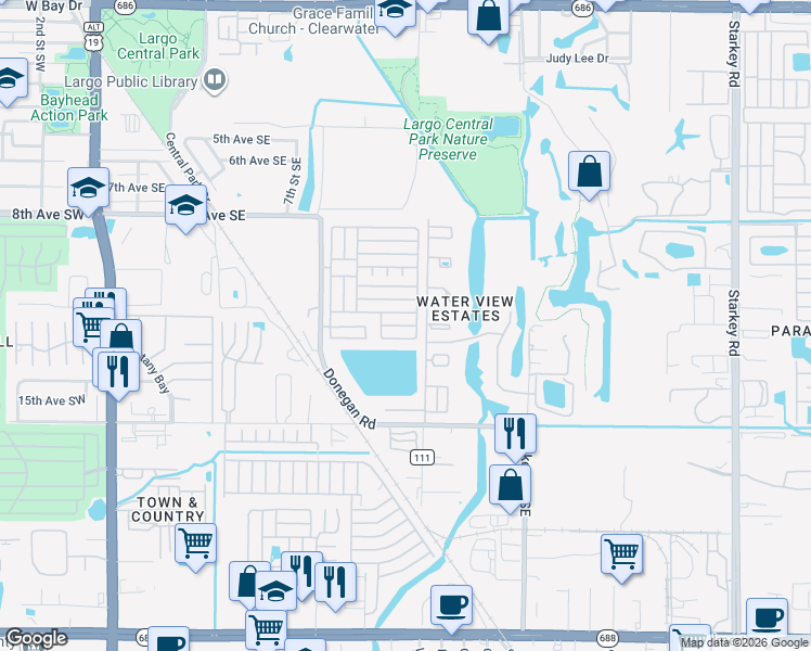 map of restaurants, bars, coffee shops, grocery stores, and more near 12th Street in Largo