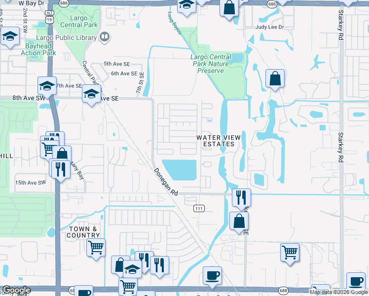 map of restaurants, bars, coffee shops, grocery stores, and more near 12th Street in Largo