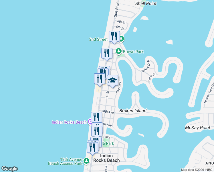 map of restaurants, bars, coffee shops, grocery stores, and more near 2400 1st Street in Indian Rocks Beach