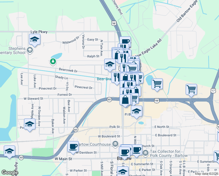 map of restaurants, bars, coffee shops, grocery stores, and more near 1180 North Mill Avenue in Bartow