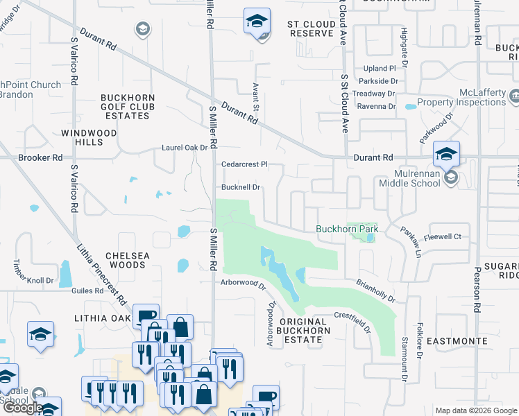 map of restaurants, bars, coffee shops, grocery stores, and more near 2415 Bucknell Drive in Valrico