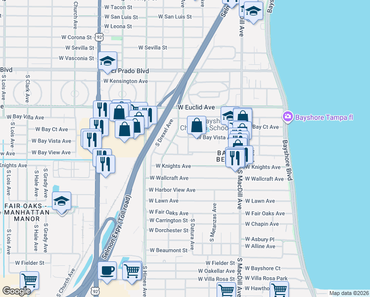 map of restaurants, bars, coffee shops, grocery stores, and more near 3905 South Kenwood Avenue in Tampa