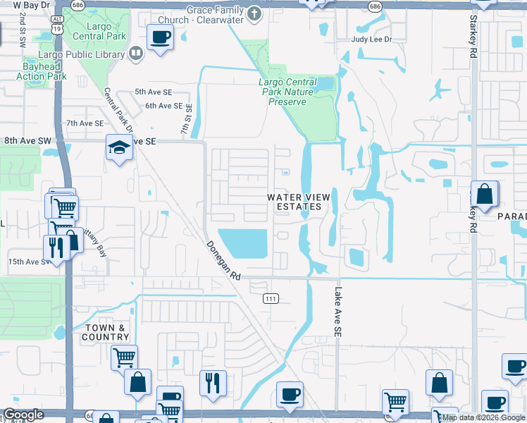 map of restaurants, bars, coffee shops, grocery stores, and more near 12th Street in Largo