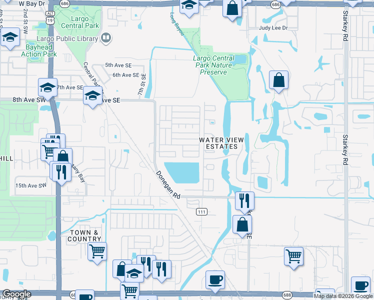map of restaurants, bars, coffee shops, grocery stores, and more near 12th Street in Largo