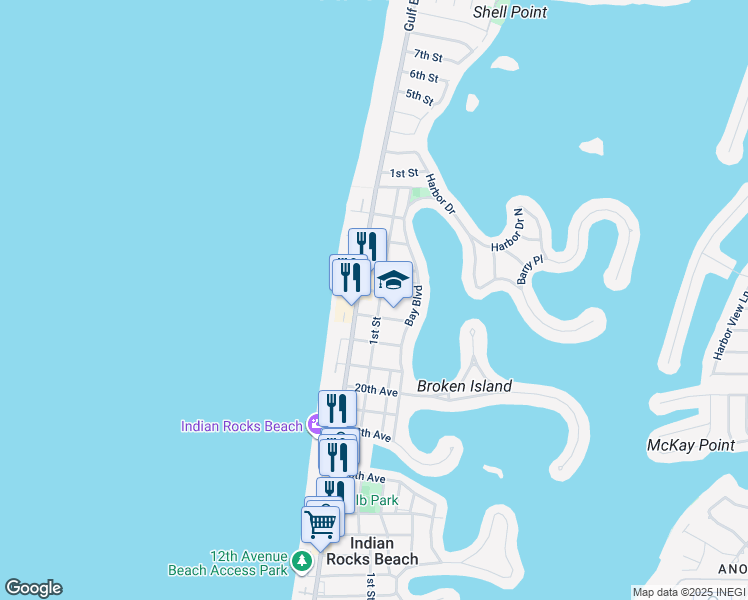 map of restaurants, bars, coffee shops, grocery stores, and more near 2400 1st Street in Indian Rocks Beach