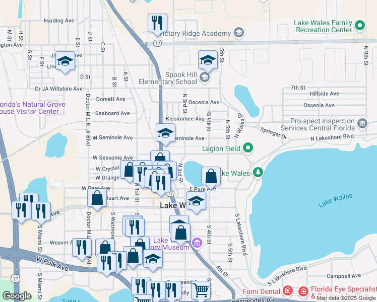 map of restaurants, bars, coffee shops, grocery stores, and more near 301 East Sessoms Avenue in Lake Wales