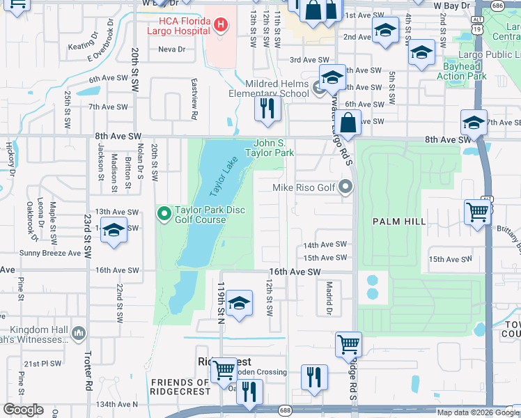 map of restaurants, bars, coffee shops, grocery stores, and more near 1270 12th Court Southwest in Largo