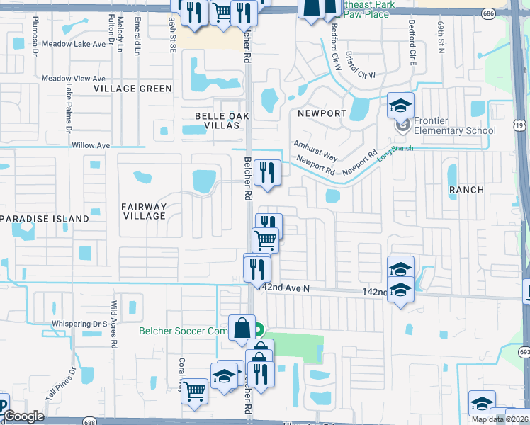 map of restaurants, bars, coffee shops, grocery stores, and more near Crown Cir in Largo