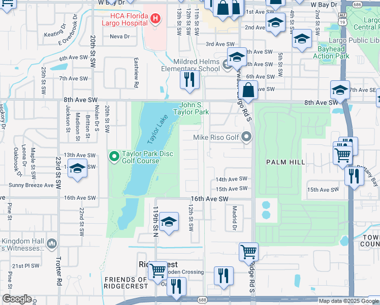 map of restaurants, bars, coffee shops, grocery stores, and more near 1241 12th Court Southwest in Largo