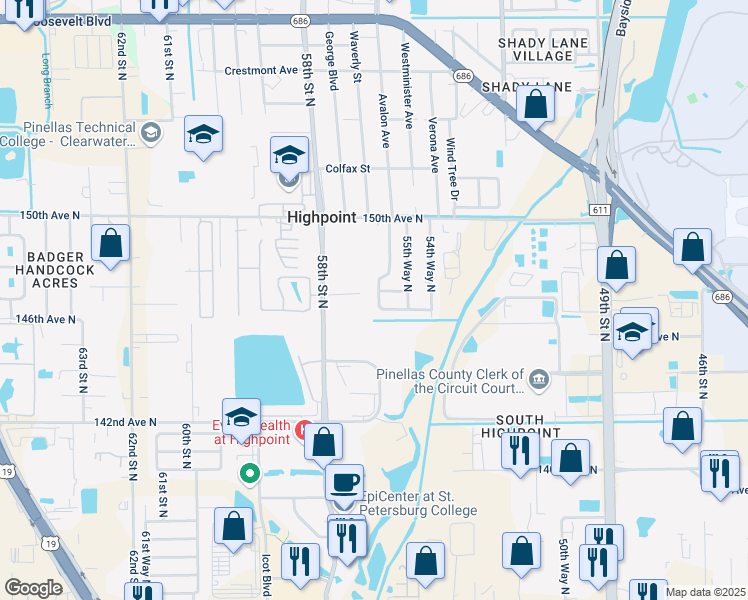 map of restaurants, bars, coffee shops, grocery stores, and more near 5611 147th Avenue North in Clearwater