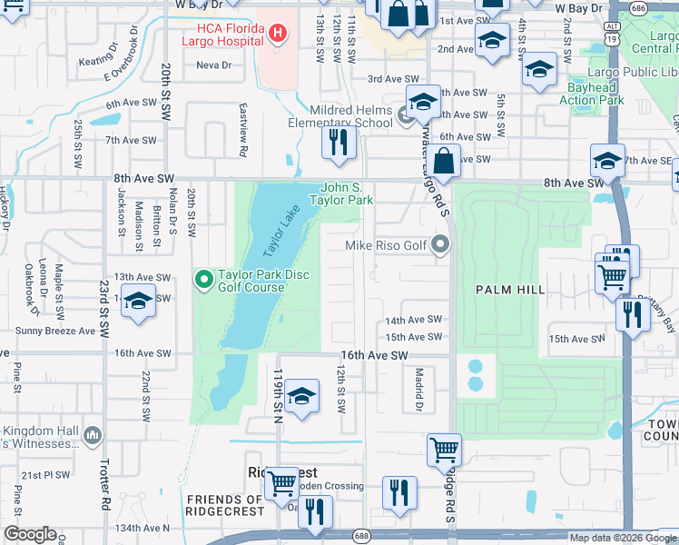 map of restaurants, bars, coffee shops, grocery stores, and more near 1241 12th Court Southwest in Largo