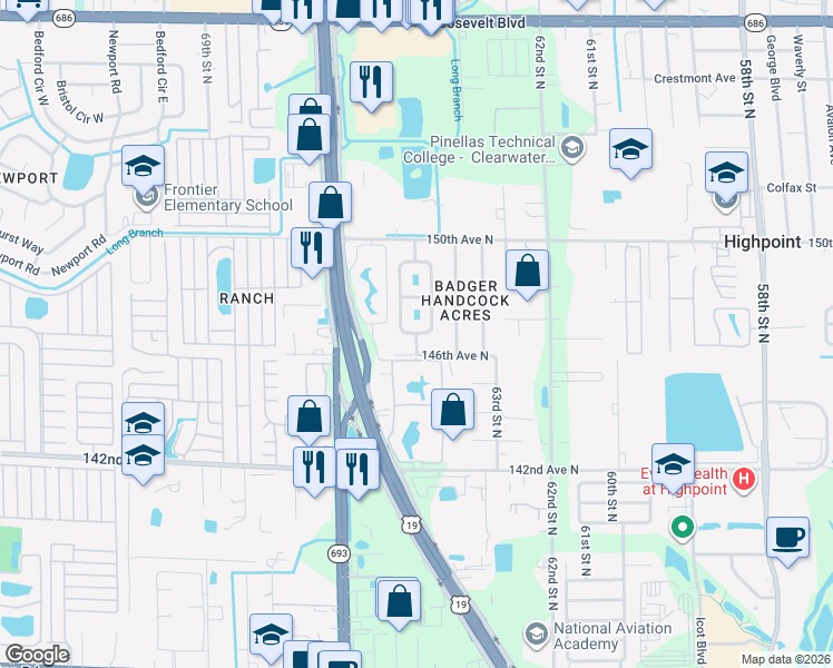 map of restaurants, bars, coffee shops, grocery stores, and more near 14775 Mockingbird Lane in Clearwater