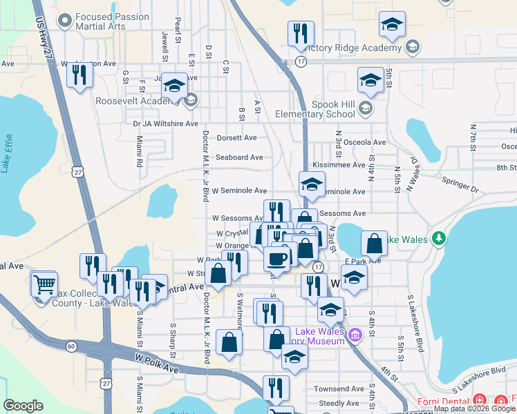 map of restaurants, bars, coffee shops, grocery stores, and more near 10 West Sessoms Avenue in Lake Wales