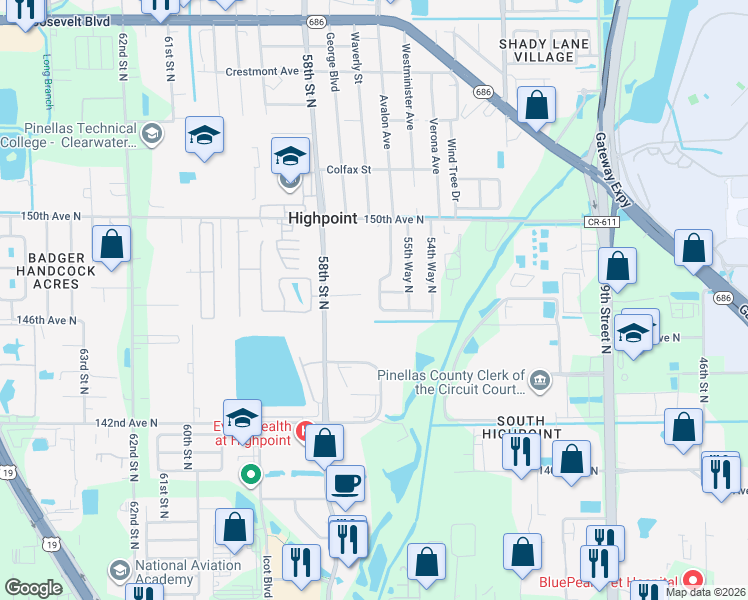 map of restaurants, bars, coffee shops, grocery stores, and more near 5611 147th Avenue North in Clearwater