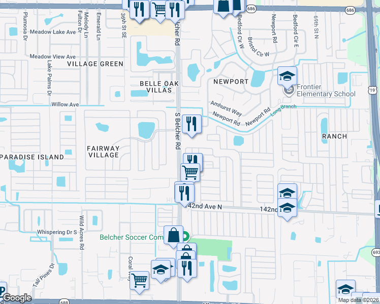 map of restaurants, bars, coffee shops, grocery stores, and more near Crown Cir in Largo