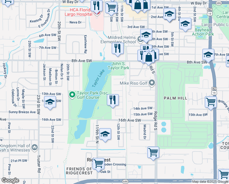 map of restaurants, bars, coffee shops, grocery stores, and more near 1270 12th Court Southwest in Largo