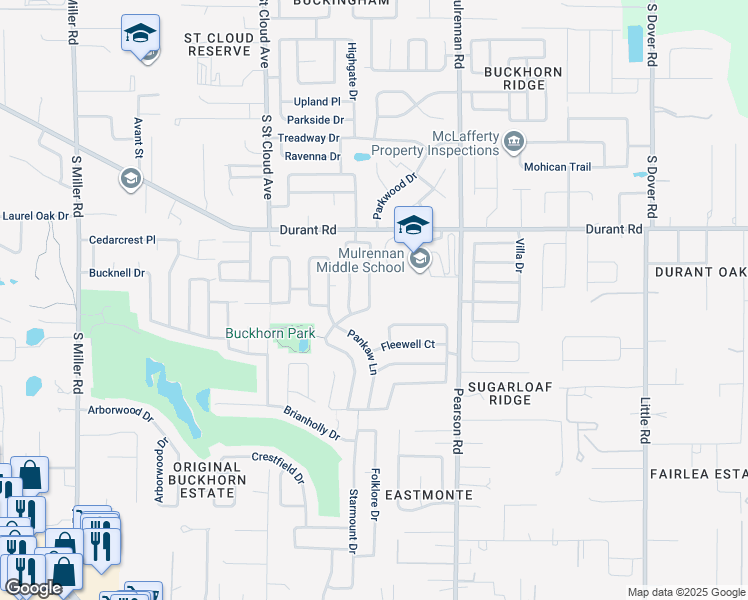 map of restaurants, bars, coffee shops, grocery stores, and more near 2733 Buckhorn Preserve Boulevard in Valrico