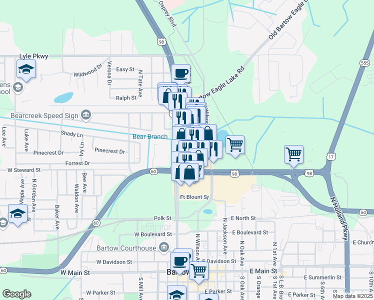 map of restaurants, bars, coffee shops, grocery stores, and more near 1030 North Broadway Avenue in Bartow
