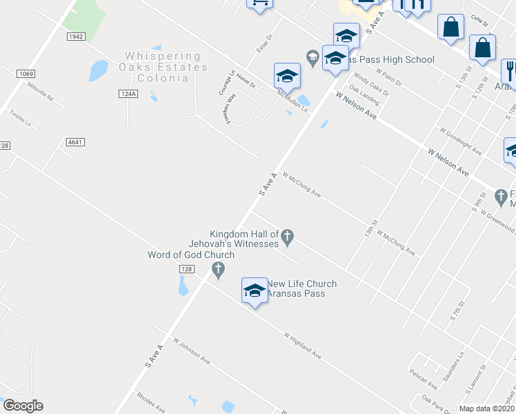 map of restaurants, bars, coffee shops, grocery stores, and more near 1840 West Deberry Avenue in Aransas Pass