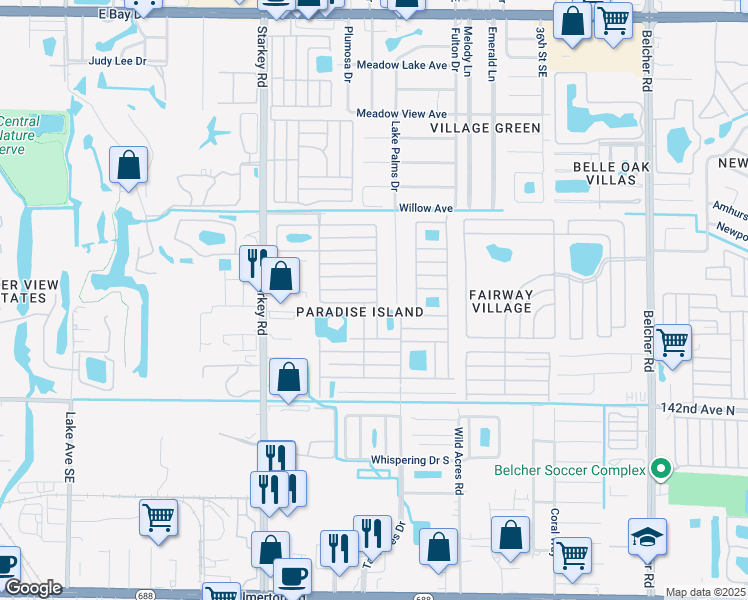 map of restaurants, bars, coffee shops, grocery stores, and more near 1001 Starkey Road in Largo
