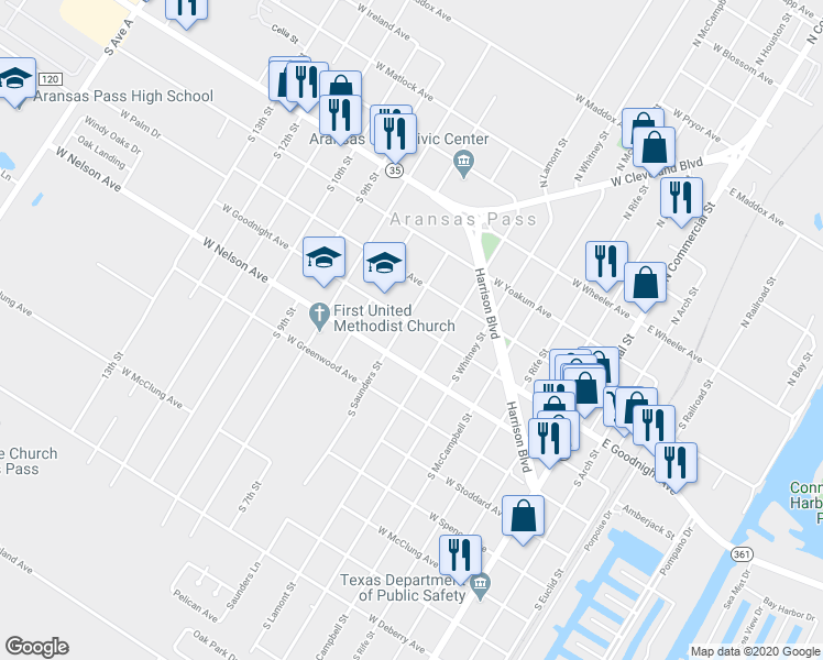 map of restaurants, bars, coffee shops, grocery stores, and more near 651 West Goodnight Avenue in Aransas Pass