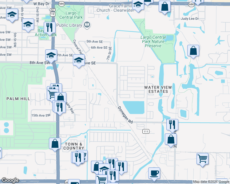 map of restaurants, bars, coffee shops, grocery stores, and more near 1210 Donegan Road in Largo