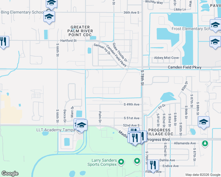 map of restaurants, bars, coffee shops, grocery stores, and more near in Palm River-Clair Mel