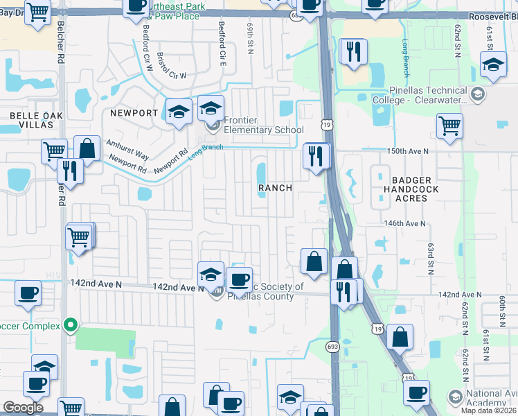 map of restaurants, bars, coffee shops, grocery stores, and more near 215 Swan Road in Clearwater