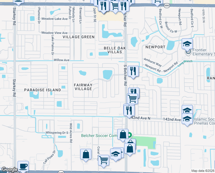 map of restaurants, bars, coffee shops, grocery stores, and more near 200-211 Birdie Road East in Largo