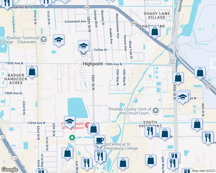 map of restaurants, bars, coffee shops, grocery stores, and more near 14676 56th Street North in Clearwater