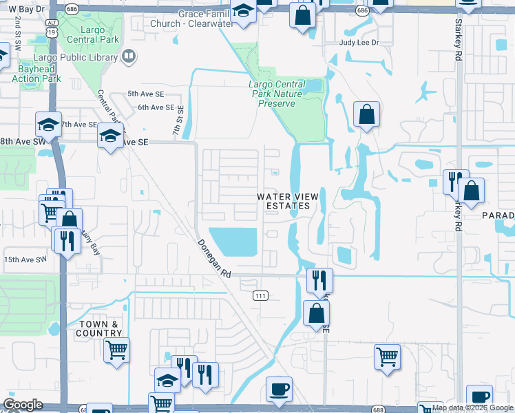map of restaurants, bars, coffee shops, grocery stores, and more near 1206 Highland Avenue Southeast in Largo