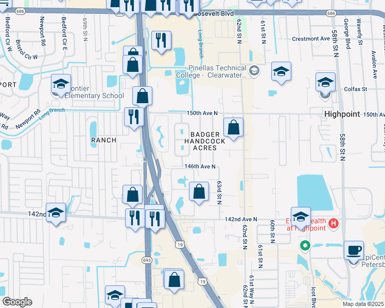 map of restaurants, bars, coffee shops, grocery stores, and more near 14716 64th Street North in Clearwater