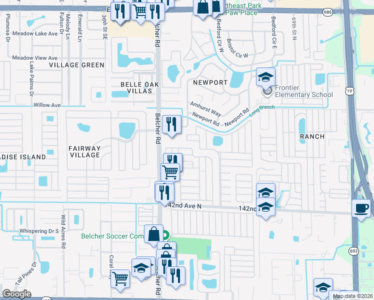map of restaurants, bars, coffee shops, grocery stores, and more near Crown Circle in Largo