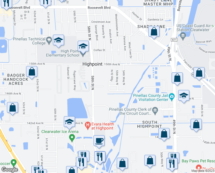 map of restaurants, bars, coffee shops, grocery stores, and more near 14676 56th Way North in Clearwater