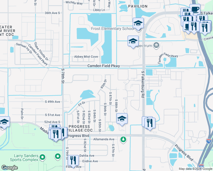 map of restaurants, bars, coffee shops, grocery stores, and more near 4712 85th Drive in Tampa