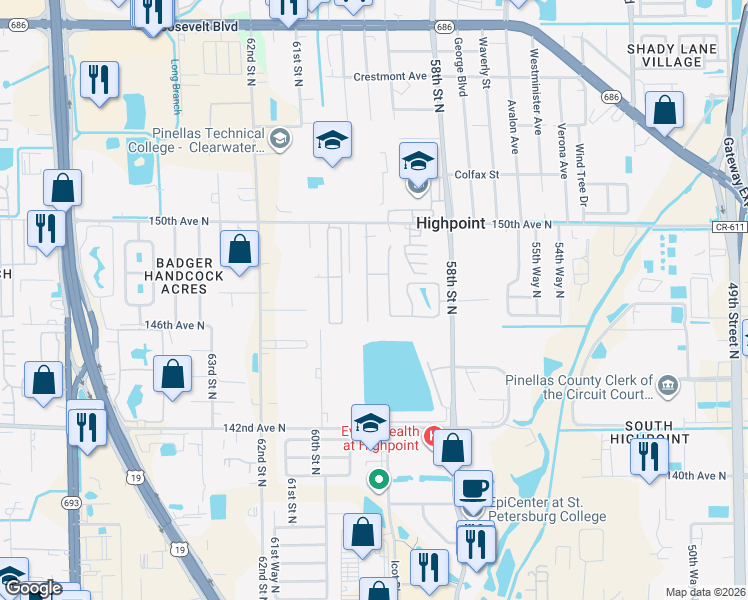 map of restaurants, bars, coffee shops, grocery stores, and more near 14717 Sunset Street in Clearwater