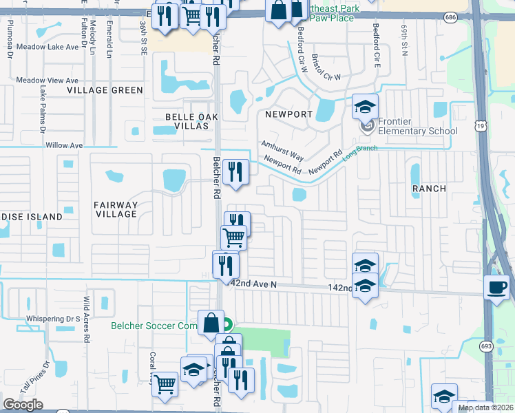 map of restaurants, bars, coffee shops, grocery stores, and more near Crown Circle in Largo