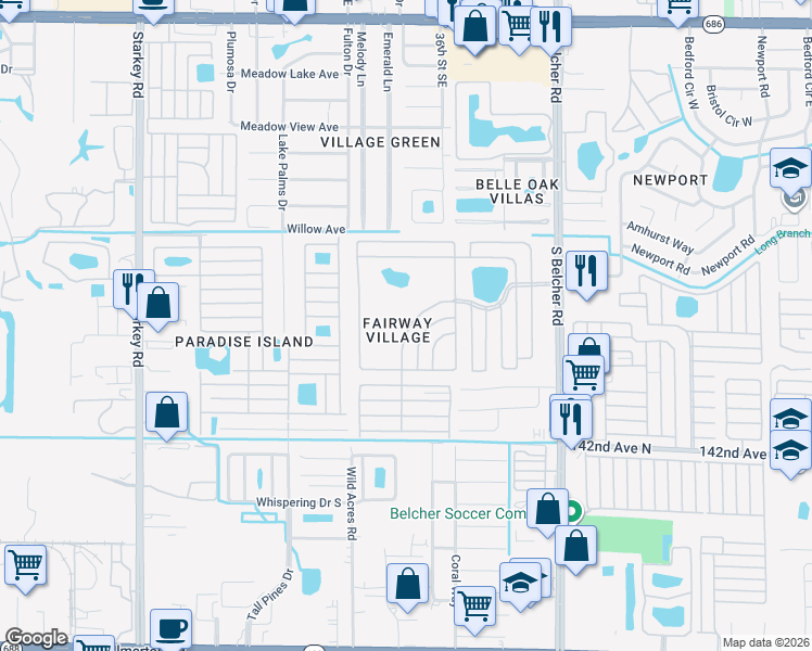 map of restaurants, bars, coffee shops, grocery stores, and more near 400-483 Fairway Boulevard in Largo