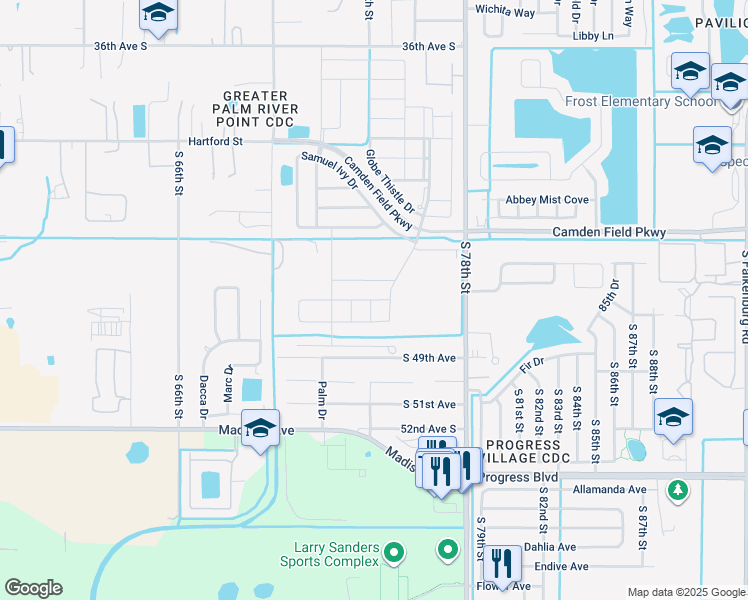 map of restaurants, bars, coffee shops, grocery stores, and more near 5040 Wild Senna Boulevard in Palm River-Clair Mel