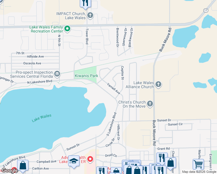 map of restaurants, bars, coffee shops, grocery stores, and more near 1015 Yarnell Avenue in Lake Wales