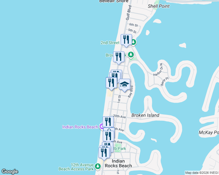 map of restaurants, bars, coffee shops, grocery stores, and more near 2308 24th Avenue North in Indian Rocks Beach