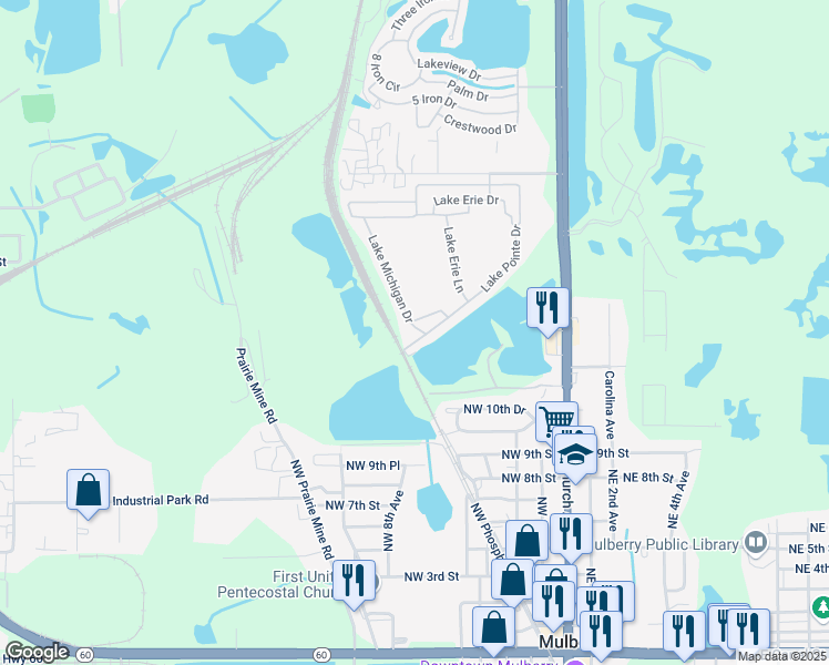 map of restaurants, bars, coffee shops, grocery stores, and more near 125 Lake Michigan Drive in Mulberry