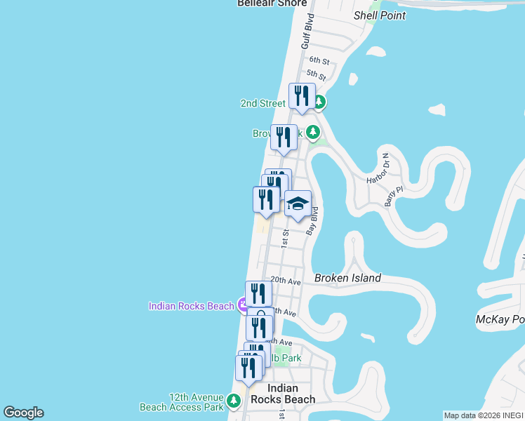 map of restaurants, bars, coffee shops, grocery stores, and more near 2308 Beach Trail in Indian Rocks Beach