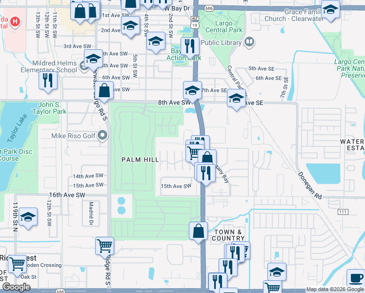map of restaurants, bars, coffee shops, grocery stores, and more near 214 11th Avenue Southwest in Largo