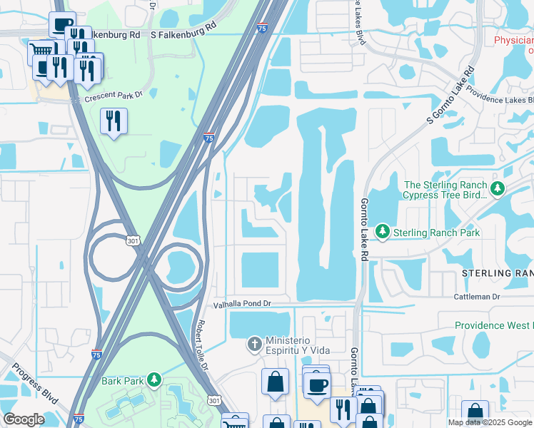 map of restaurants, bars, coffee shops, grocery stores, and more near 4660 Pond Ridge Drive in Riverview