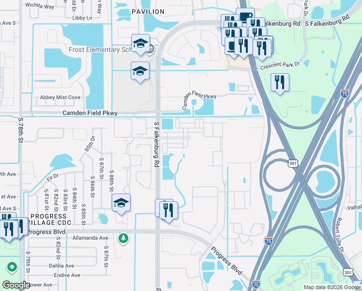 map of restaurants, bars, coffee shops, grocery stores, and more near 9026 Sienna Moss Lane in Riverview